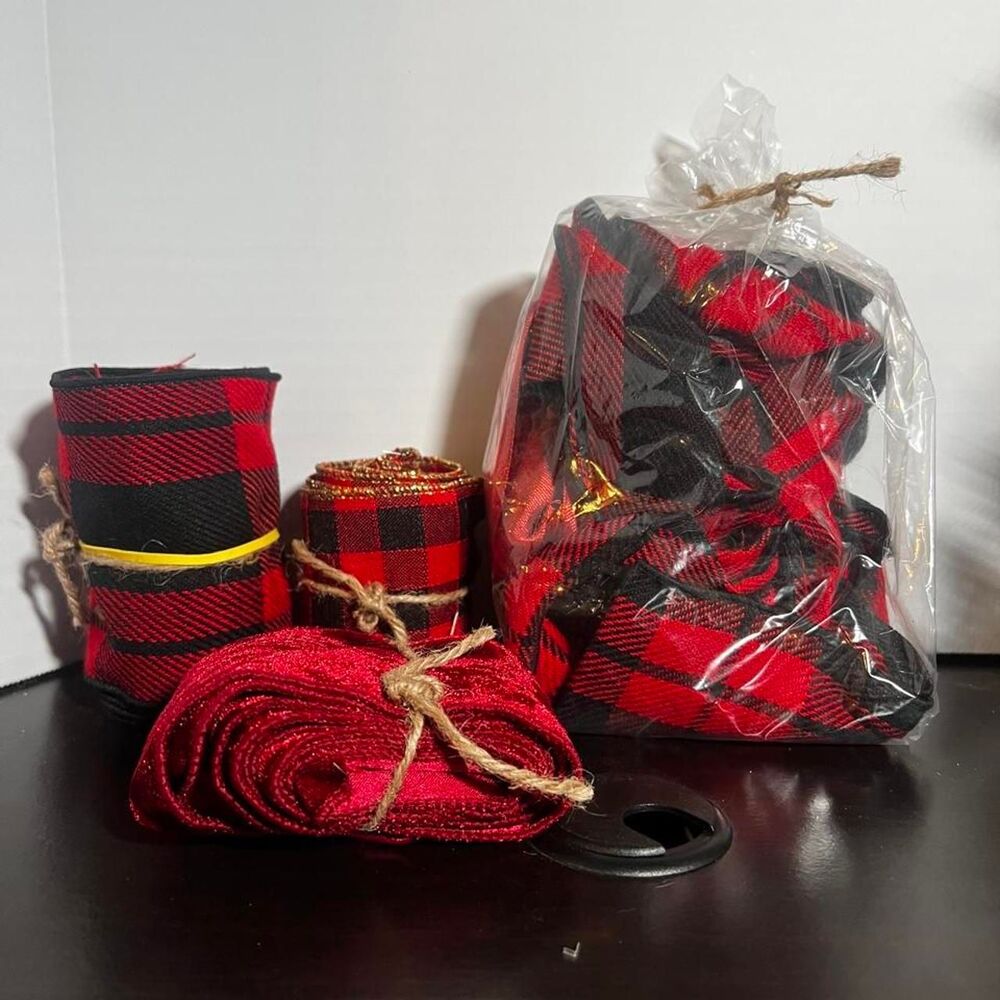 Holiday Ribbon Lot 4 Pcs Red Black Buffalo Check Gold Edge Plaid & Red Velvet